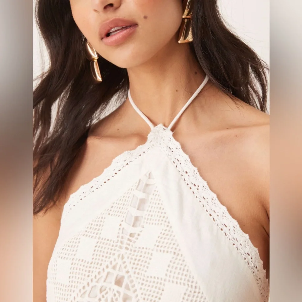 Abercrombie & Fitch Ivory Crochet Halter Maxi Dress